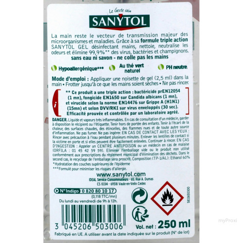 250ML GEL DESINF.MAINS SANYTOL