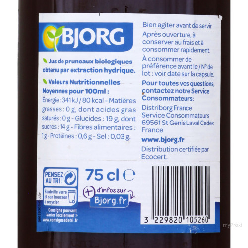 75CL JUS DE PRUNEAUX BJORG BIO