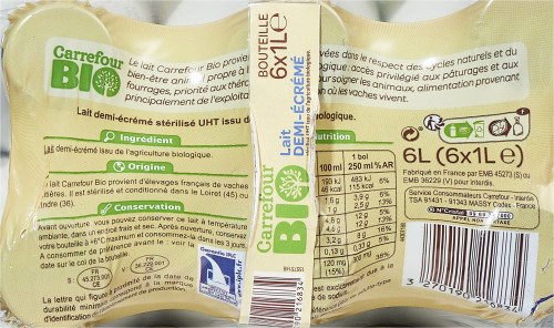 PACK 6X1L LAIT 1/2ECRE BIO CRF
