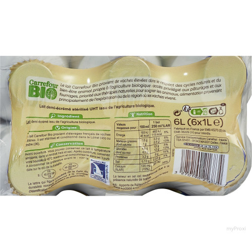 PACK 6X1L LAIT 1/2ECRE BIO CRF